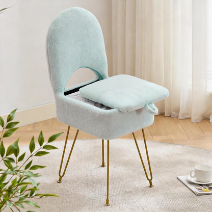 White Vanity Chair with Storage, Folding Back Faux Fur Vanity Stool, Makeup Ottoman with Gold Legs for Bedroom/Bathroom