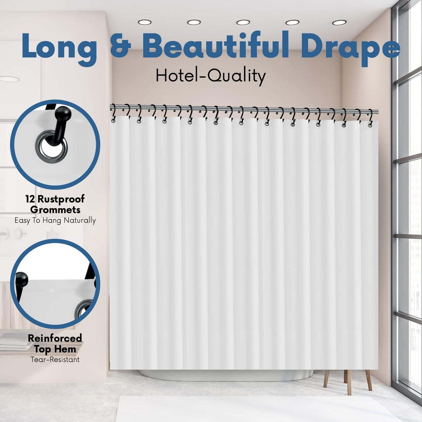 No Smell Shower Curtain Liner 72x72 White - PEVA Plastic Shower Curtain for Bathroom, PVC-Free Waterproof Shower Liner with Metal Grommets and Magnet-Weighted Bottom Hem - Washable Inner Liner