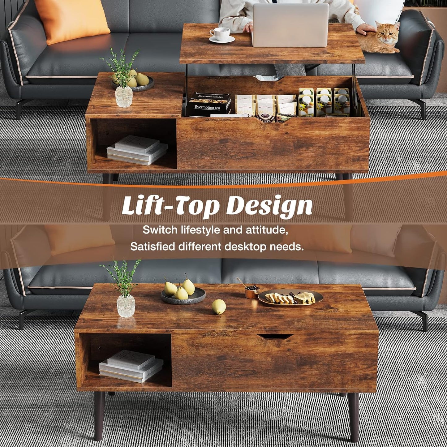 Sweetcrispy Lift Top Coffee Tables for Living Room, Small Rising Wooden Center Tables with Storage Shelf and Hidden Compartment, Brown | Lift Top, Coffee Tables, for Living Room, Rising, Dining Center Tables, with Storage Shelf