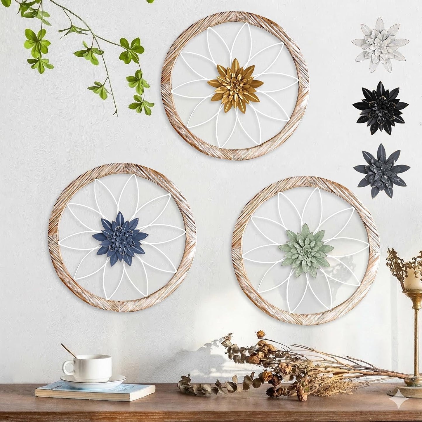 Paquesta 3 Piece Round Farmhouse Wall Decor with 6 Piece Interchangeable Flowers 12'' Medallion Wood & Metal Rustic Wall Art for Living Room Bedroom Kitchen Bathroom Dining Room Home Decorations