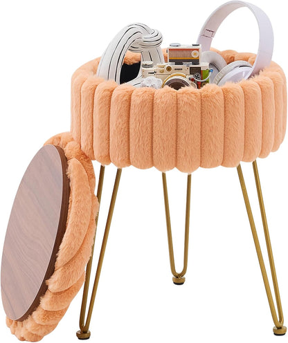 Vanity Stool with Storage, Faux Fur Ottoman Chair with Metal Legs, Round Makeup Vanity Chair for Bedroom or Dressing Table, Modern Small Ottoman Seat (Pink)