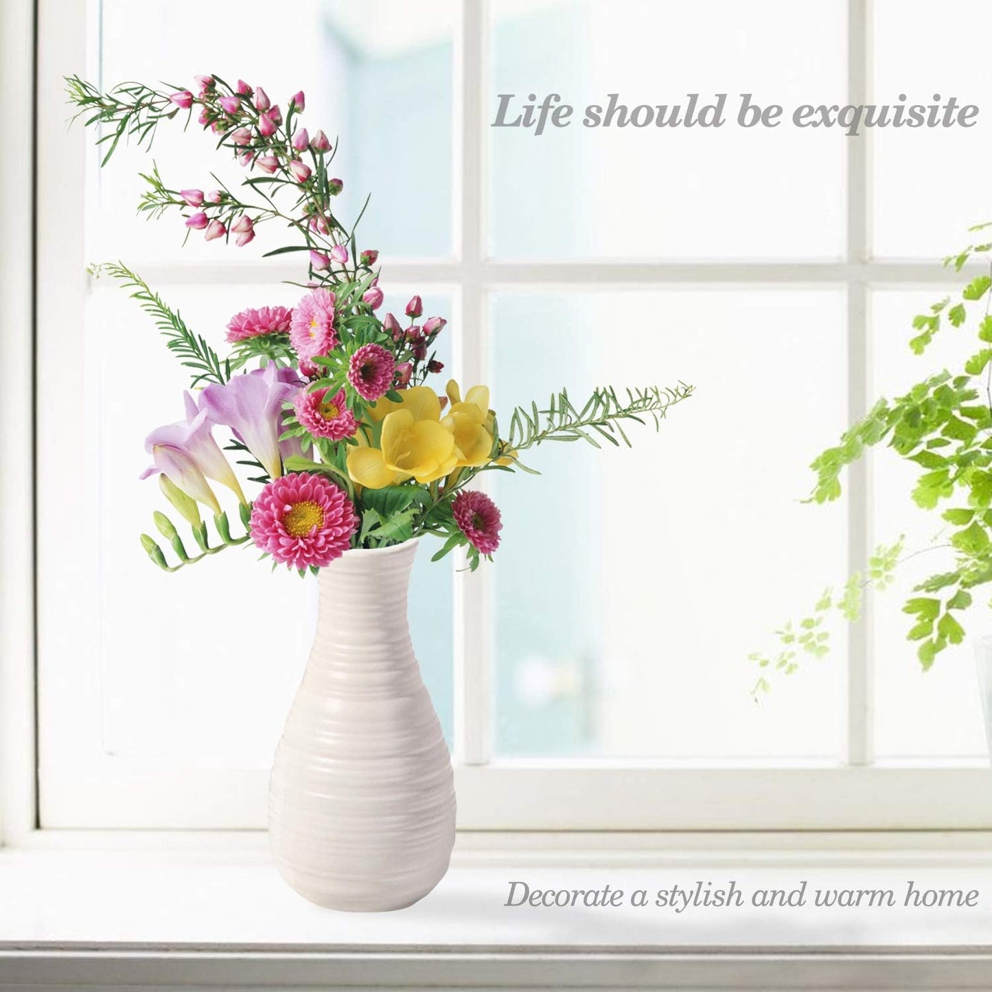 Vase for Flowers, Ceramic Look Plastic Vase for Home Decor, Living Room, Table (Seashell White)