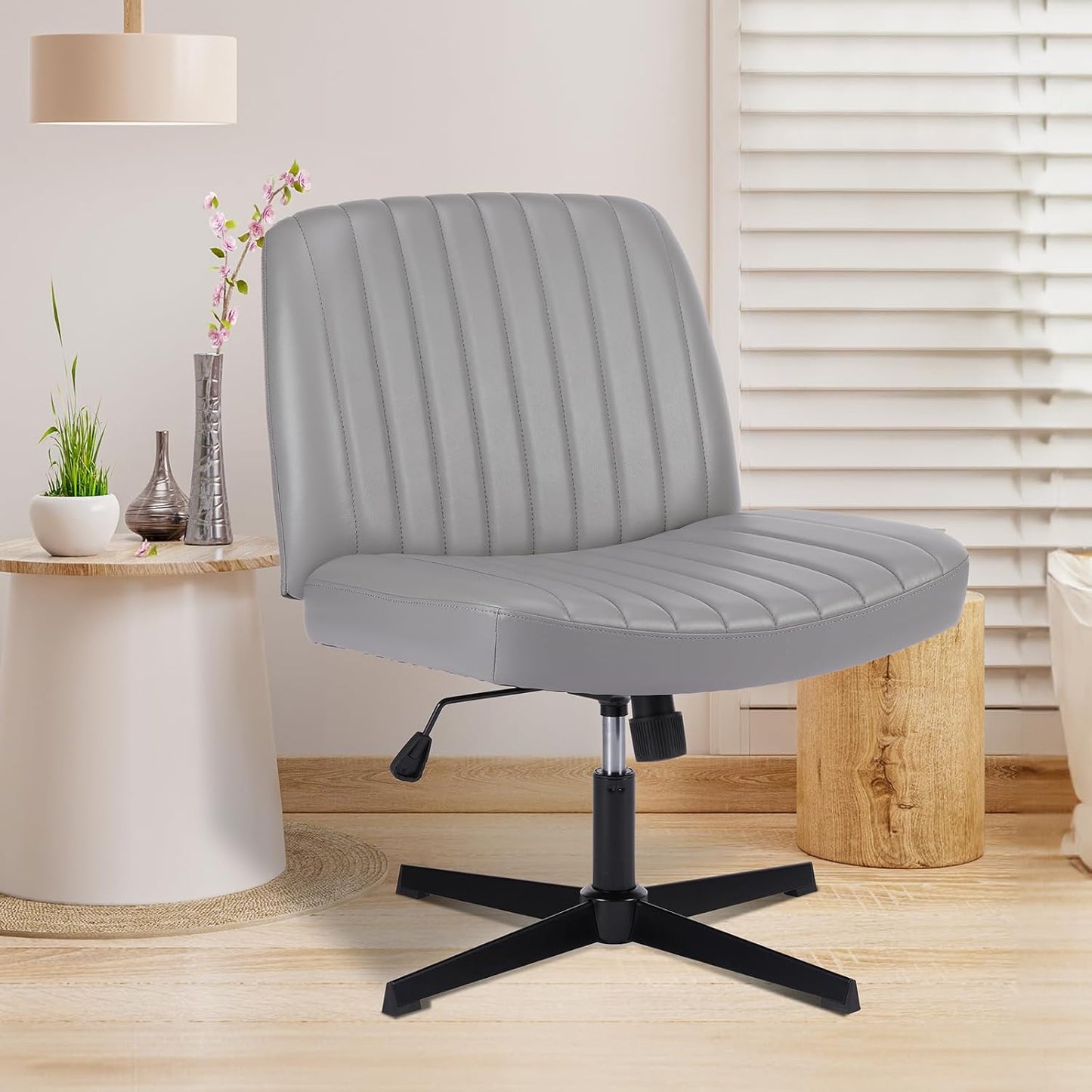 Criss Cross Chair with Wheels Wide Cross Legged Office Desk Vanity Chair Comfy Fabric Armless Adjustable Swivel for Home Computer Task Teddy Pink
