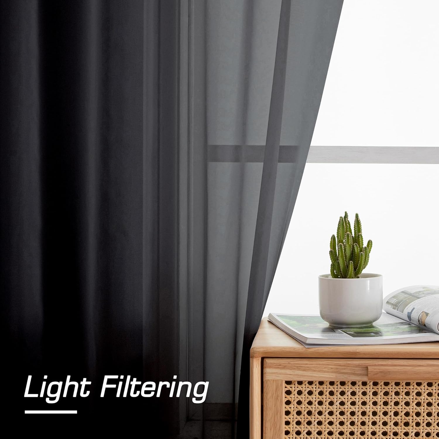 Black Sheer Curtains 84 Inches Long, Light Filtering Rod Pocket Solid Color Window Sheer Curtain Panels, Elegant Curtains & Drapes for Living Room, Bedroom 2 Panels (Black, 42" W x 84" L)