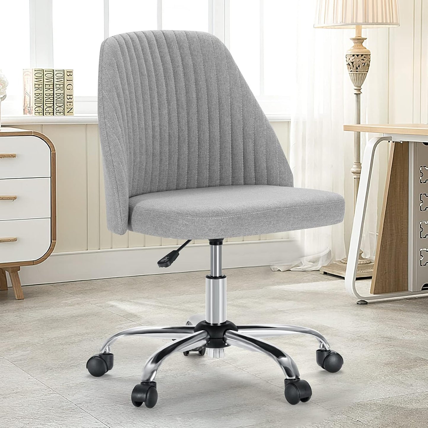 Office Chair, Comfy Desk Chair Rolling Vanity Swivel Task Chairs with Wheels, Wide Seating Armless Height Adjustable Computer Chairs for Home,Bedroom,Student,Adults, Classic Grey