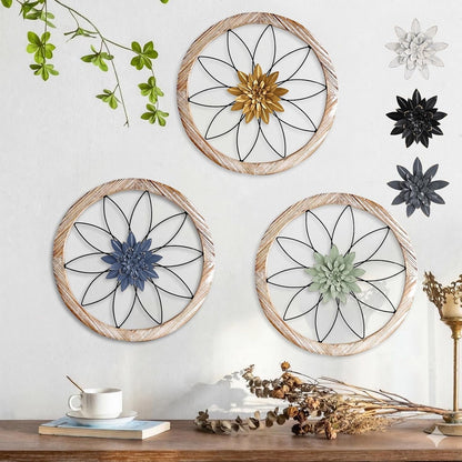 Paquesta 3 Piece Round Farmhouse Wall Decor with 6 Piece Interchangeable Flowers 12'' Medallion Wood & Metal Rustic Wall Art for Living Room Bedroom Kitchen Bathroom Dining Room Home Decorations