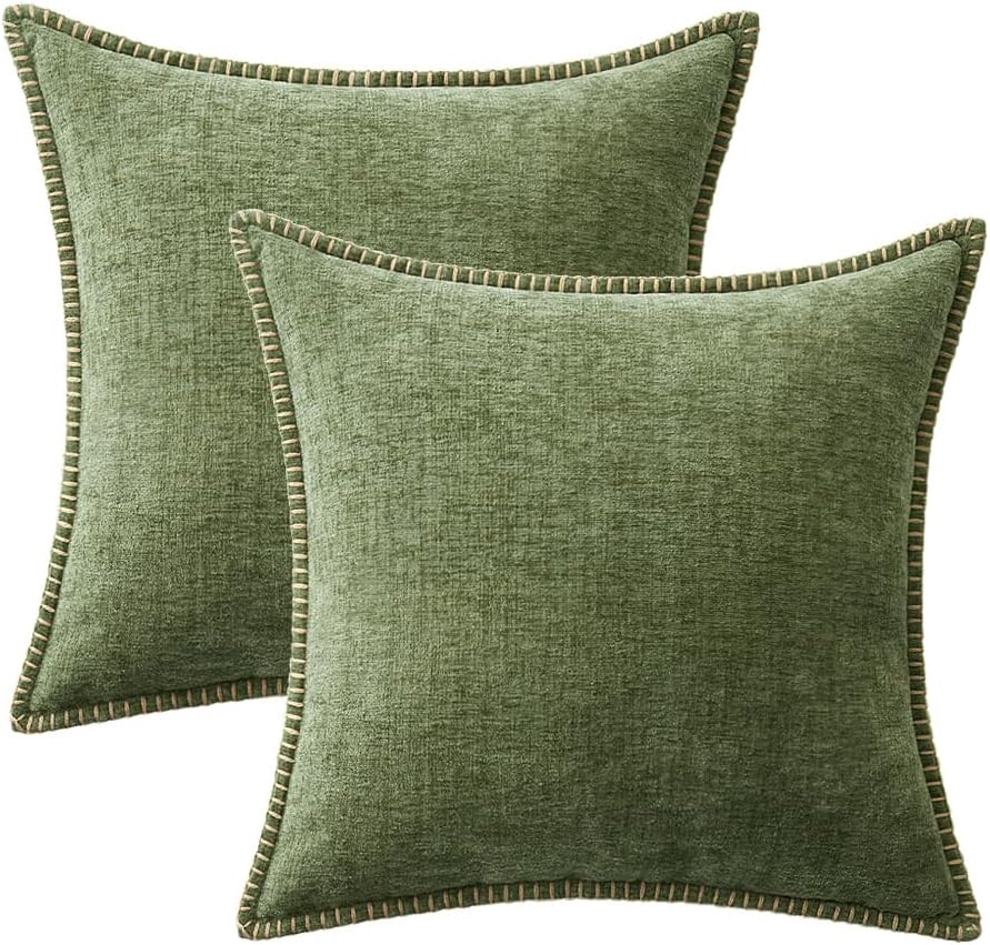 MIULEE Pack of 2 Couch Throw Pillow Covers 18x18 Inch Sage Green Farmhouse Decorative Pillow Covers with Stitched Edge Soft Chenille Solid Dyed Summer Pillow Covers for Sofa Bed Living Room