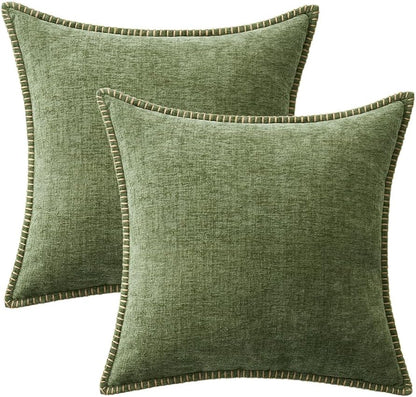 MIULEE Pack of 2 Couch Throw Pillow Covers 18x18 Inch Sage Green Farmhouse Decorative Pillow Covers with Stitched Edge Soft Chenille Solid Dyed Summer Pillow Covers for Sofa Bed Living Room