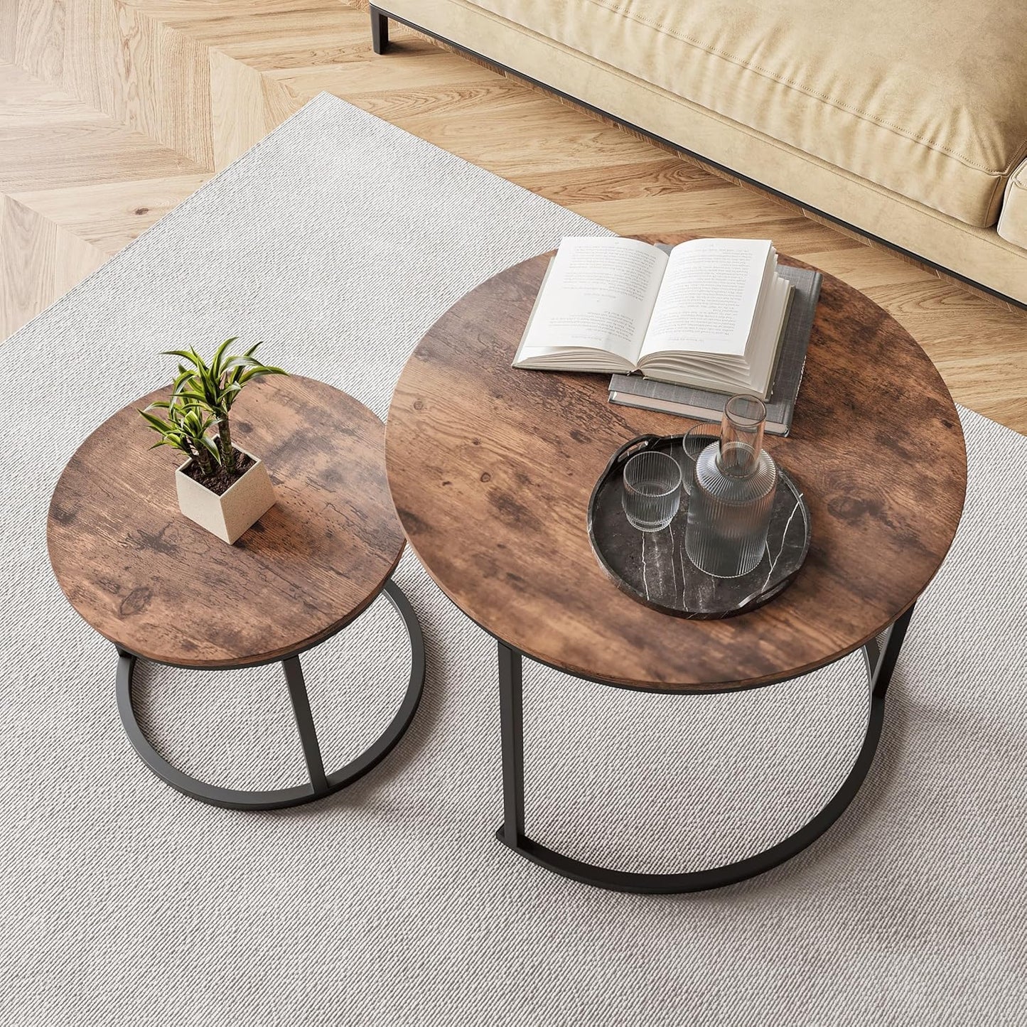 HOJINLINERO Round Coffee Table,Nesting Coffee Table Set of 2,Center Tables for Living Room,Office, Home Small Space,Stacking Side Tables,Sturdy and Easy Assembly,Wood Desktop,Brown,Large