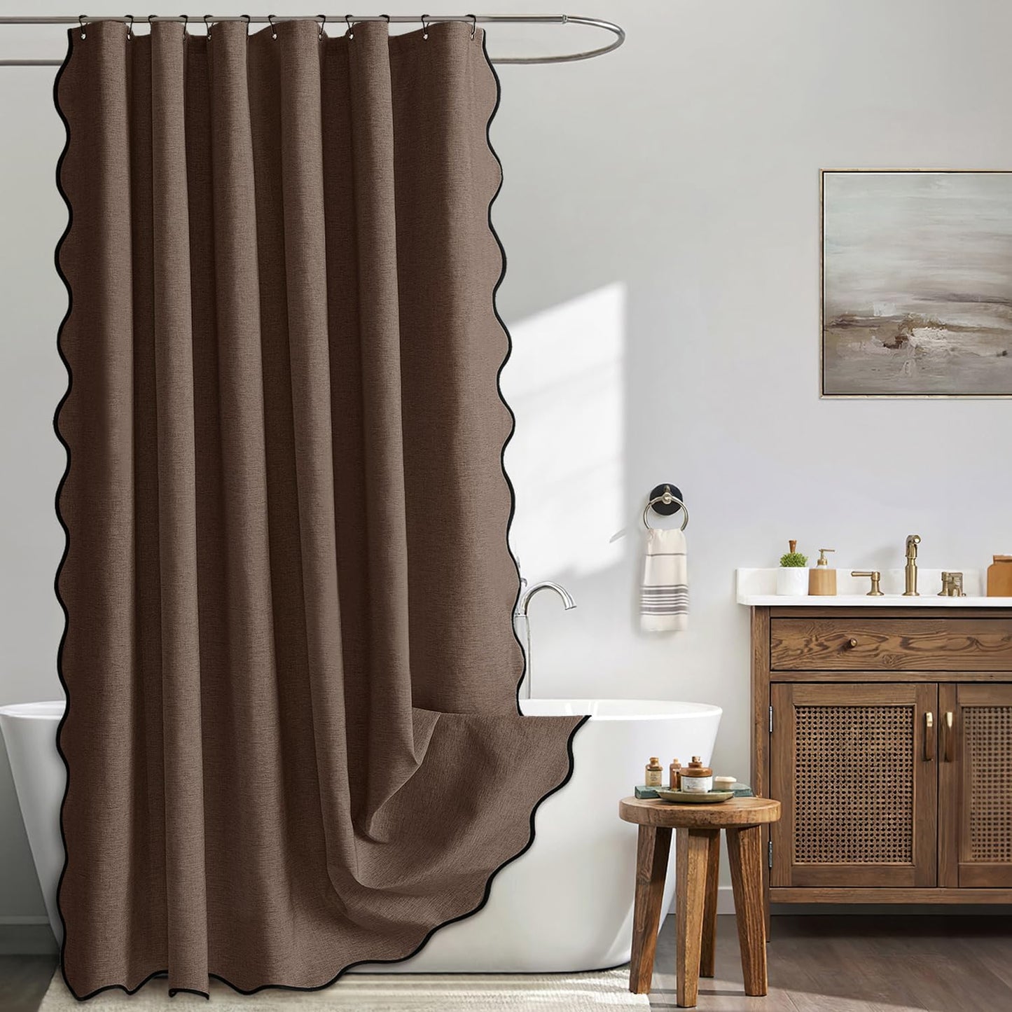 Beige Scalloped Shower Curtain Linen Textured with 12 Metal Hooks Cute Heavy Duty Washable Waterproof Neutral Thick Cloth Shower Curtains with Black Border for Bathroom Bathtub,W72*L72 Cream