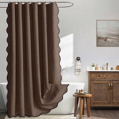 Beige Scalloped Shower Curtain Linen Textured with 12 Metal Hooks Cute Heavy Duty Washable Waterproof Neutral Thick Cloth Shower Curtains with Black Border for Bathroom Bathtub,W72*L72 Cream