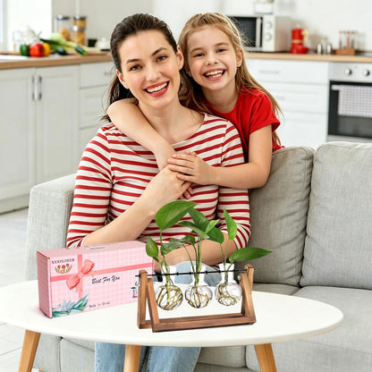 Plant Terrarium with Wooden Stand, Air Planter Bulb Glass Vase Metal Swivel Holder Retro Tabletop for Hydroponics Home Garden Office Decoration - 3 Bulb Vase