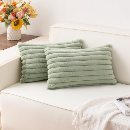 Pack of 2 Faux Fur Christmas Throw Pillow Covers 18x18 Inch, Soft Plush Striped Neutral Couch Pillow Cover, with Velvet Back Modern Home Decor for Sofa Living Room Couch Bed Cream White