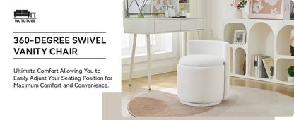Velvet Vanity Chair with Storage, 360° Swivel Makeup Chair with Wave Back, No Assembly Small Accent Stool for Bedroom, Dressing, Living Room, White
