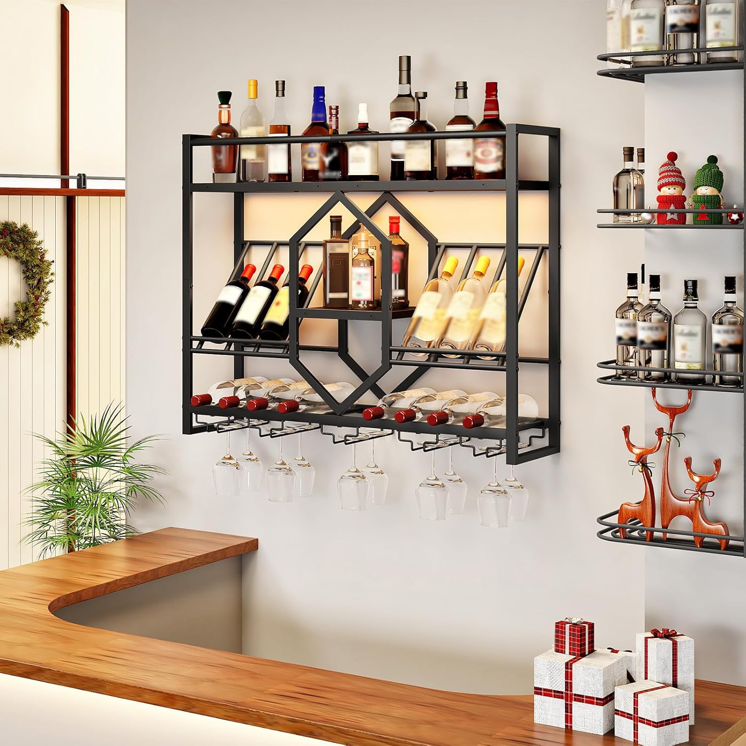 HOOBRO Wall Mounted Wine Rack with LED Light, 31.5" Wine Shelf, 3 Tier Wine Bottle Display Shelf with Glass Holder, Hanging Bar Liquor Storage Rack, for Kitchen, Bar, Rustic Brown and Black BF73DBJ01