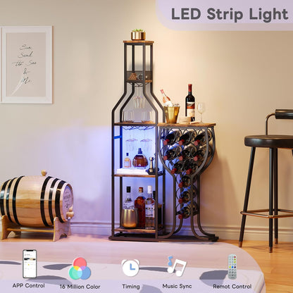 HavenlyYouth Liquor Cabinet for Home Bar, 5-Tier Wine Rack Freestanding Floor with Wine Glass Holder, Mini Bar Stand with 11 Wine Bottles, Bar Table with Storage for Living Room, Kitchen