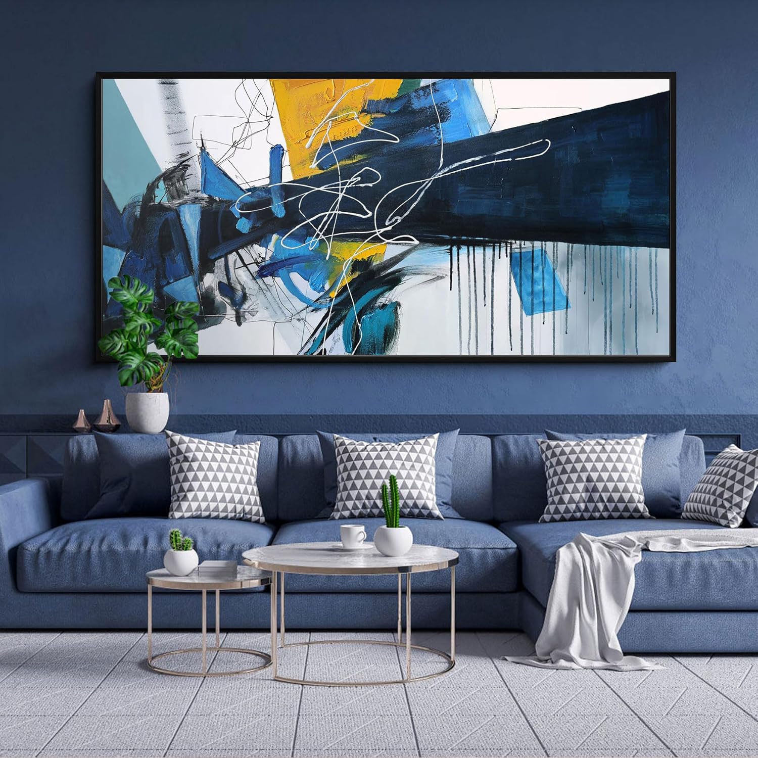 Large Wall Art for Living Room - Abstract Wall Decor Framed Picture Artwork for Wall Decorative Paintings Blue and White Modern Office Bedroom Art