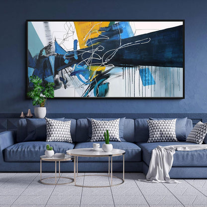 Large Wall Art for Living Room - Abstract Wall Decor Framed Picture Artwork for Wall Decorative Paintings Blue and White Modern Office Bedroom Art