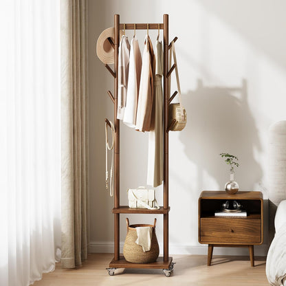 Solid Wood Coat Rack Freestanding - Rolling Clothes Rack with 8 Hooks & Shelves, Small Clothing Rack with Wheels, Heavy Duty Clothing Racks for Hanging Clothes, Portable Hall Tree for Entryway
