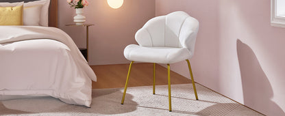 Vanity Chair, Velvet Accent Chair with Shell-Shaped Backrest, Modern Armchair with Gold Metal Legs for Dressing Room/Bedroom/Living Room, White