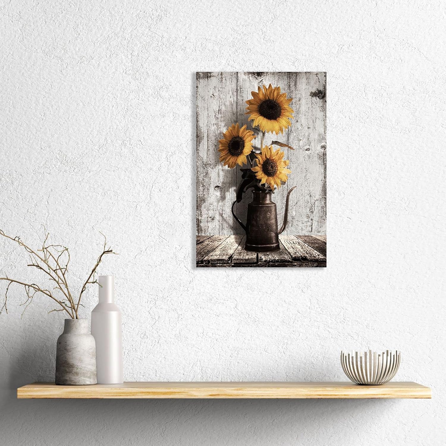 Rustic Sunflower Canvas Wall Art: Vintage Flower Picture Print Farmhouse Wall Decor - Floral Pot Decorative Poster Framed Artwork Decoration for Bedroom Home Office Ready to Hang 10" x 15"