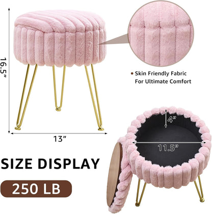 Vanity Stool with Storage, Faux Fur Ottoman Chair with Metal Legs, Round Makeup Vanity Chair for Bedroom or Dressing Table, Modern Small Ottoman Seat (Pink)