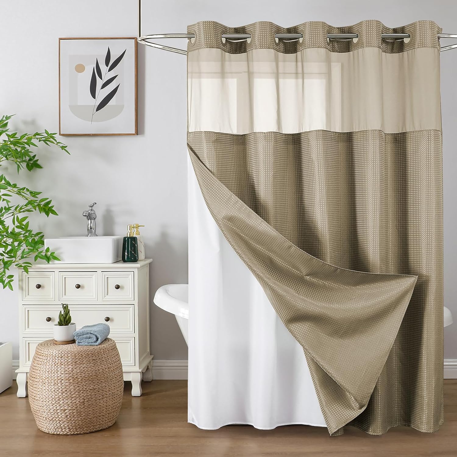 No Hook Waffle Shower Curtain with Snap in Fabric, Waterproof Shower Curtains with See Through Top Window, Hotel Luxury Heavy Duty Bathroom Curtain and Liner Set, 72'' x 75'', Black