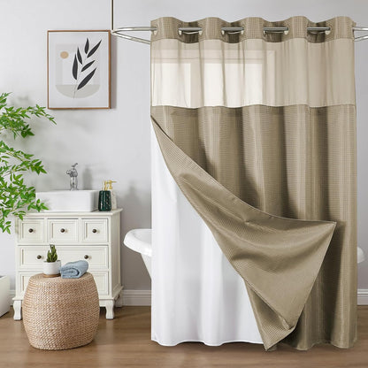 No Hook Waffle Shower Curtain with Snap in Fabric, Waterproof Shower Curtains with See Through Top Window, Hotel Luxury Heavy Duty Bathroom Curtain and Liner Set, 72'' x 75'', Black