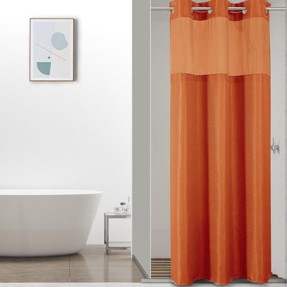 No Hook Waffle Shower Curtain with Snap in Fabric, Waterproof Shower Curtains with See Through Top Window, Hotel Luxury Heavy Duty Bathroom Curtain and Liner Set, 72'' x 75'', Black