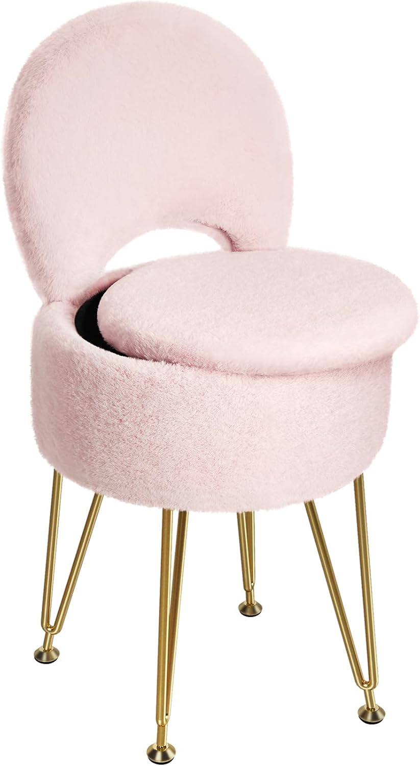 Small Vanity Stool Chair with Storage and Folding Back, 13" x 13" x 17.7" Faux Fur Soft Ottoman for Teenager, 4 Metal Legs with Anti-Slip Feet, Furry Padded Seat for Makeup, Bedroom, White