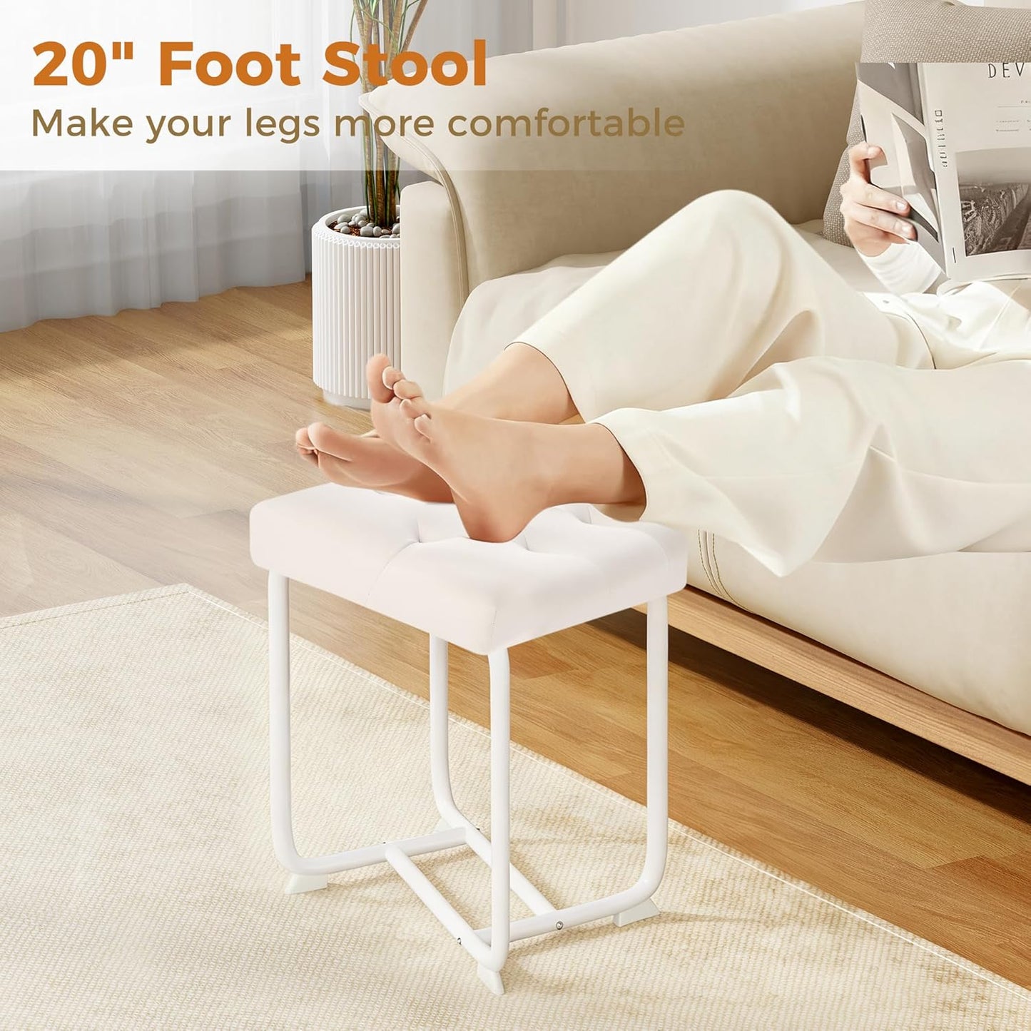 White Vanity Chair, Leather Vanity Stool, Small Stool Chair for Vanity, Square Ottoman Foot Stool, Makeup Vanity Chairs with Thick Padded Seat for Bathroom, Bedroom, Entryway, KFD01W