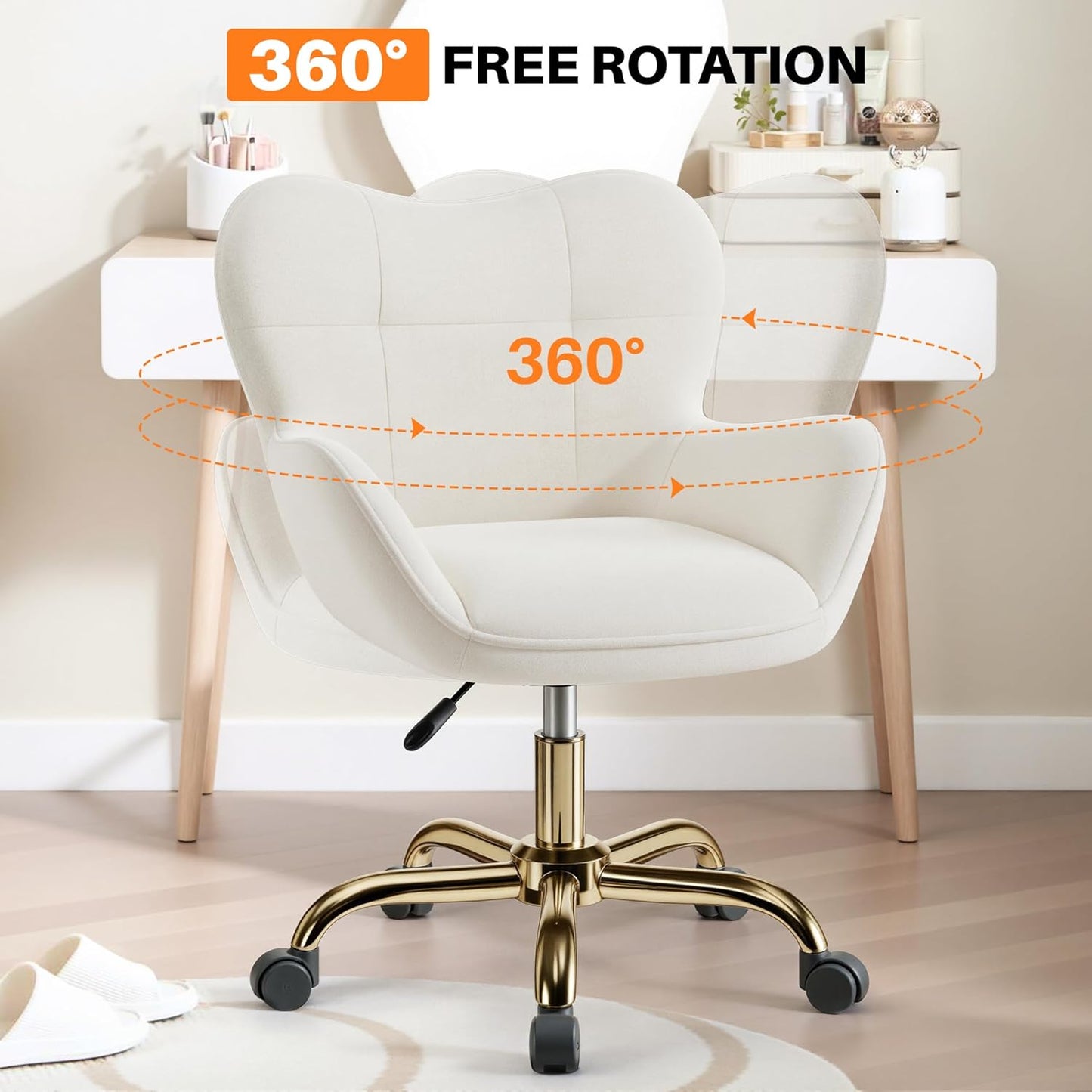 Vanity Chair with Wheels, Cute Home Office Desk Chairs Adjustable Height for Living Bedroom, Small Modern Fluffy Velvet Makeup Chair with Back for Girls (White)