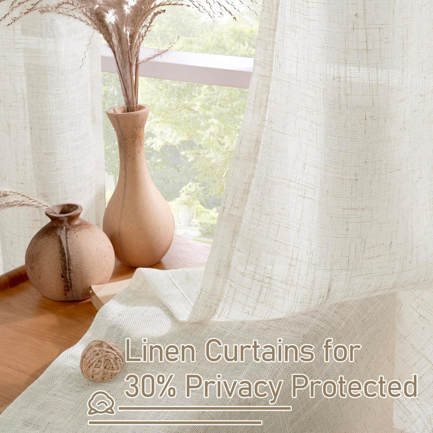 Natural Ivory Linen Semi Sheer Curtains 84 inch Length, Cream Light Filtering Soft Thick Neutral Living Room Drapes with Bronze Grommet for Bedroom/Farmhouse, 2 Panels, 52 x 84 Inch