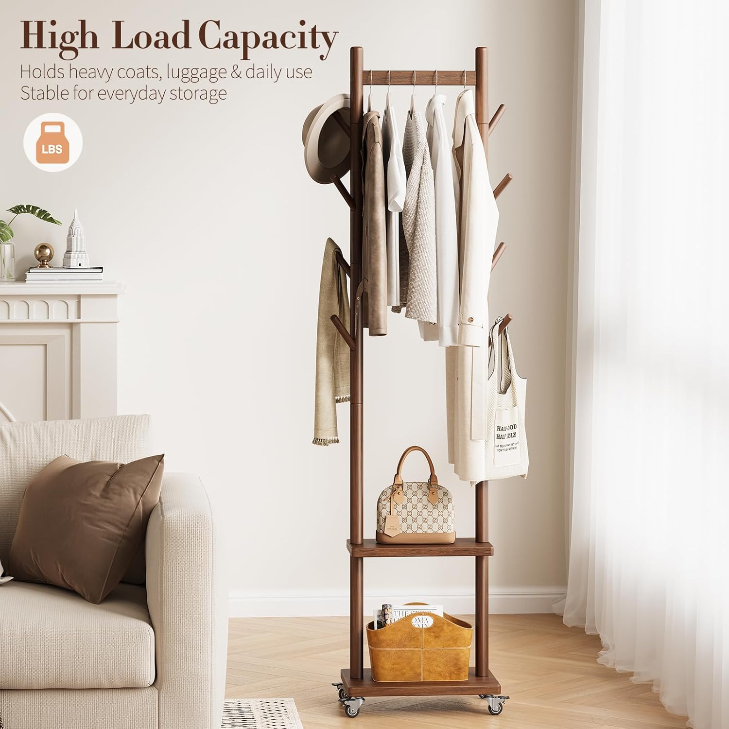 Solid Wood Coat Rack Freestanding - Rolling Clothes Rack with 8 Hooks & Shelves, Small Clothing Rack with Wheels, Heavy Duty Clothing Racks for Hanging Clothes, Portable Hall Tree for Entryway