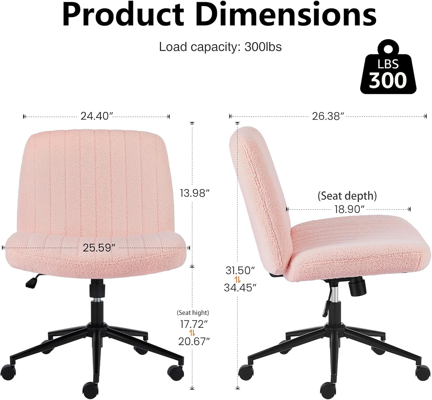 Criss Cross Chair with Wheels Wide Cross Legged Office Desk Vanity Chair Comfy Fabric Armless Adjustable Swivel for Home Computer Task Teddy Pink