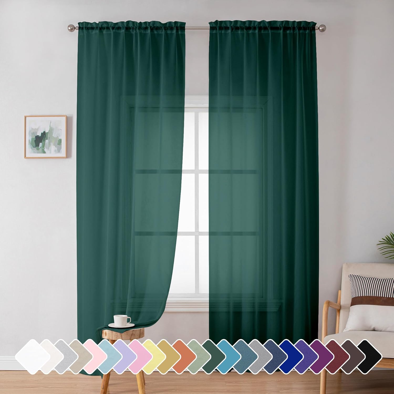 Black Sheer Curtains 84 Inches Long, Light Filtering Rod Pocket Solid Color Window Sheer Curtain Panels, Elegant Curtains & Drapes for Living Room, Bedroom 2 Panels (Black, 42" W x 84" L)