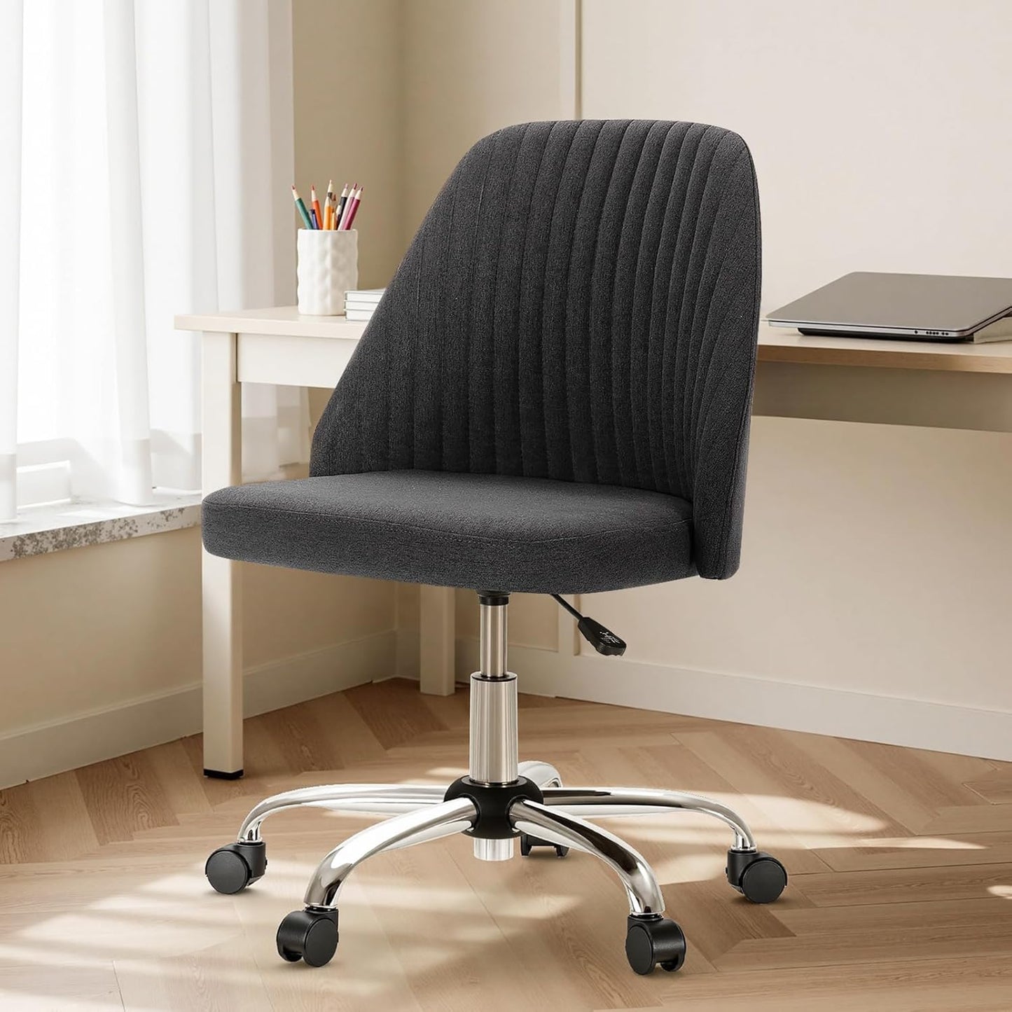 Office Chair, Comfy Desk Chair Rolling Vanity Swivel Task Chairs with Wheels, Wide Seating Armless Height Adjustable Computer Chairs for Home,Bedroom,Student,Adults, Classic Grey