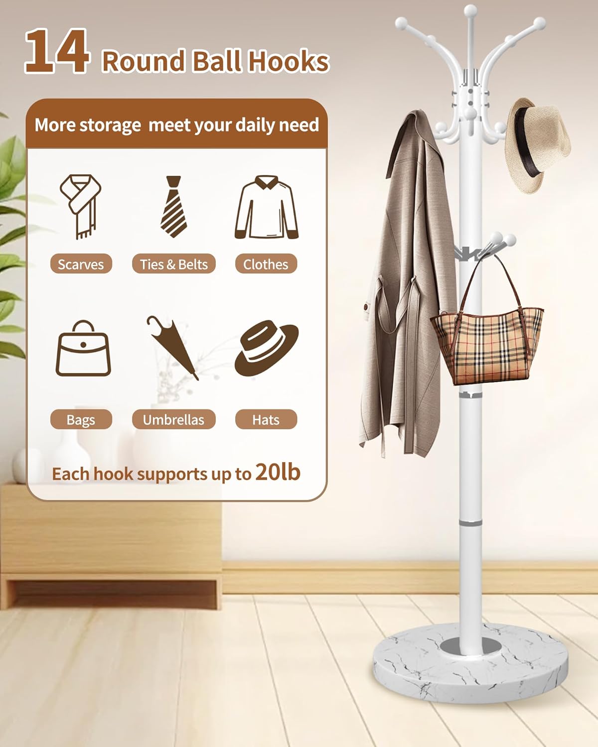 Metal Coat Rack with Natural Marble Base,360°Rotary Coat Rack Stand with 14 Hooks,Modern Freestanging Coat Racks,White Coat Jacket Hanger Clothes Tree Stand for Entryway,Corner