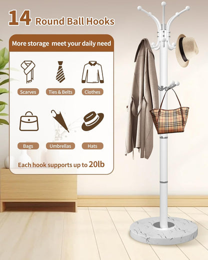 Metal Coat Rack with Natural Marble Base,360°Rotary Coat Rack Stand with 14 Hooks,Modern Freestanging Coat Racks,White Coat Jacket Hanger Clothes Tree Stand for Entryway,Corner