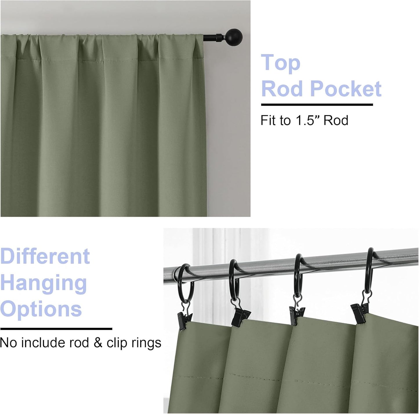 Sage Green Bedroom Blackout Curtains, 63inch (approx. 160.2cm) pieces set, solid insulated energy-saving rod pocket blackout curtains, width 40 x length 63inch (approx. 101.6cm), gray-green