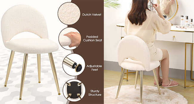 Vanity Chair with Adjustable Backrest, Boucle Upholstery Armless Makeup Stool, Cream White Sherpa Vanity Stool with Gold Metal Legs for Bedroom Living Room Kitchen Dinning Room (Gold and White)