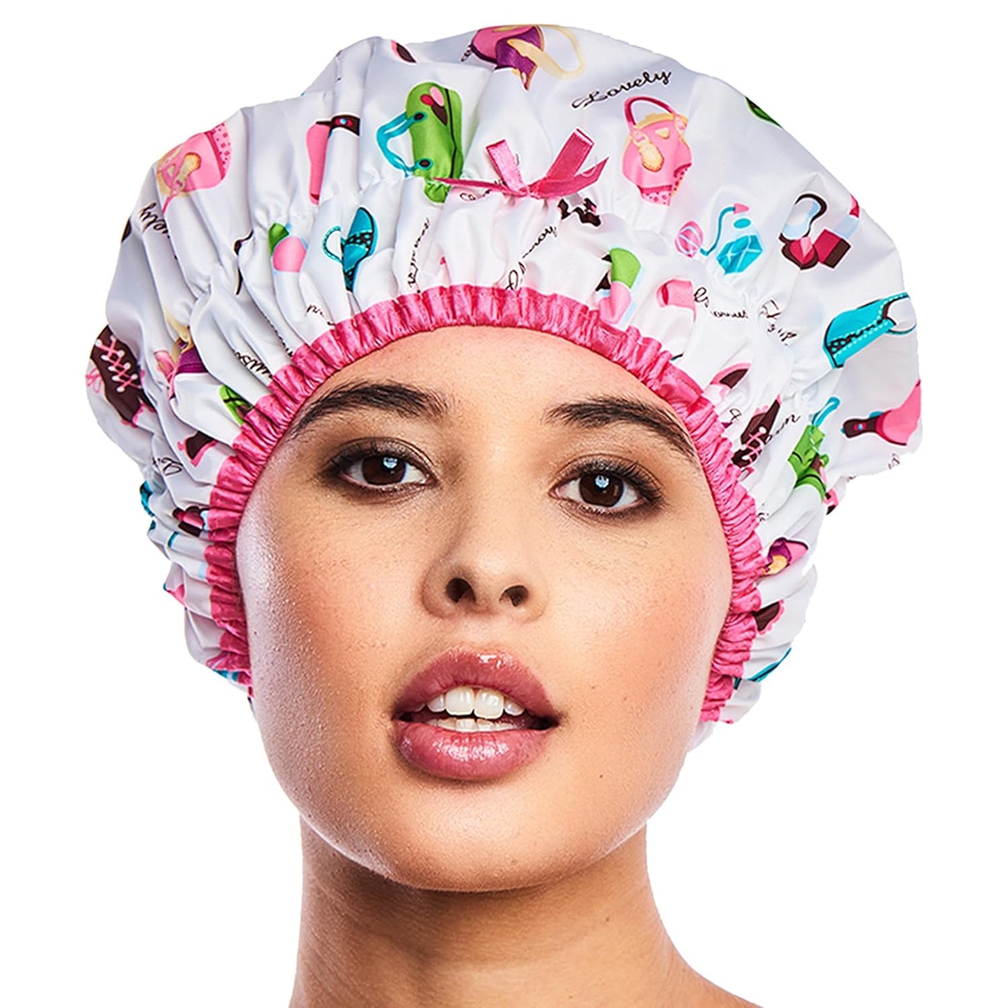 Reusable Bath & Shower Cap Lined, Oversized Waterproof Shower Caps Large Designed for all Hair Lengths with PEVA Lining & Elastic Band Stretch Hem Hair Hat - Fashionista Deco Dots