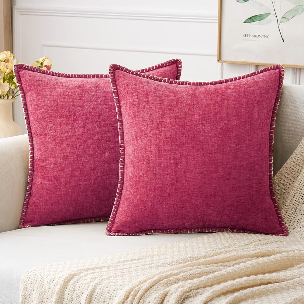MIULEE Pack of 2 Couch Throw Pillow Covers 18x18 Inch Sage Green Farmhouse Decorative Pillow Covers with Stitched Edge Soft Chenille Solid Dyed Summer Pillow Covers for Sofa Bed Living Room