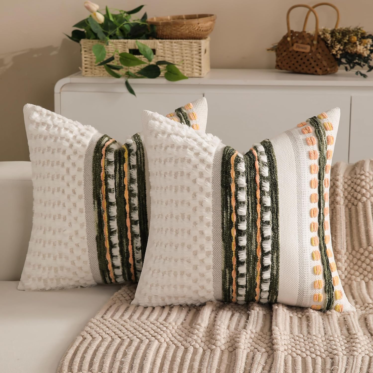 Boho Chenille Tufted Couch Throw Pillow Covers 18x18 Inch Set of 2 Farmhouse Striped Decorative Pillow Covers Accent Neutral Square Pillowcase Green Cushion Covers for Livingroom Sofa Bed