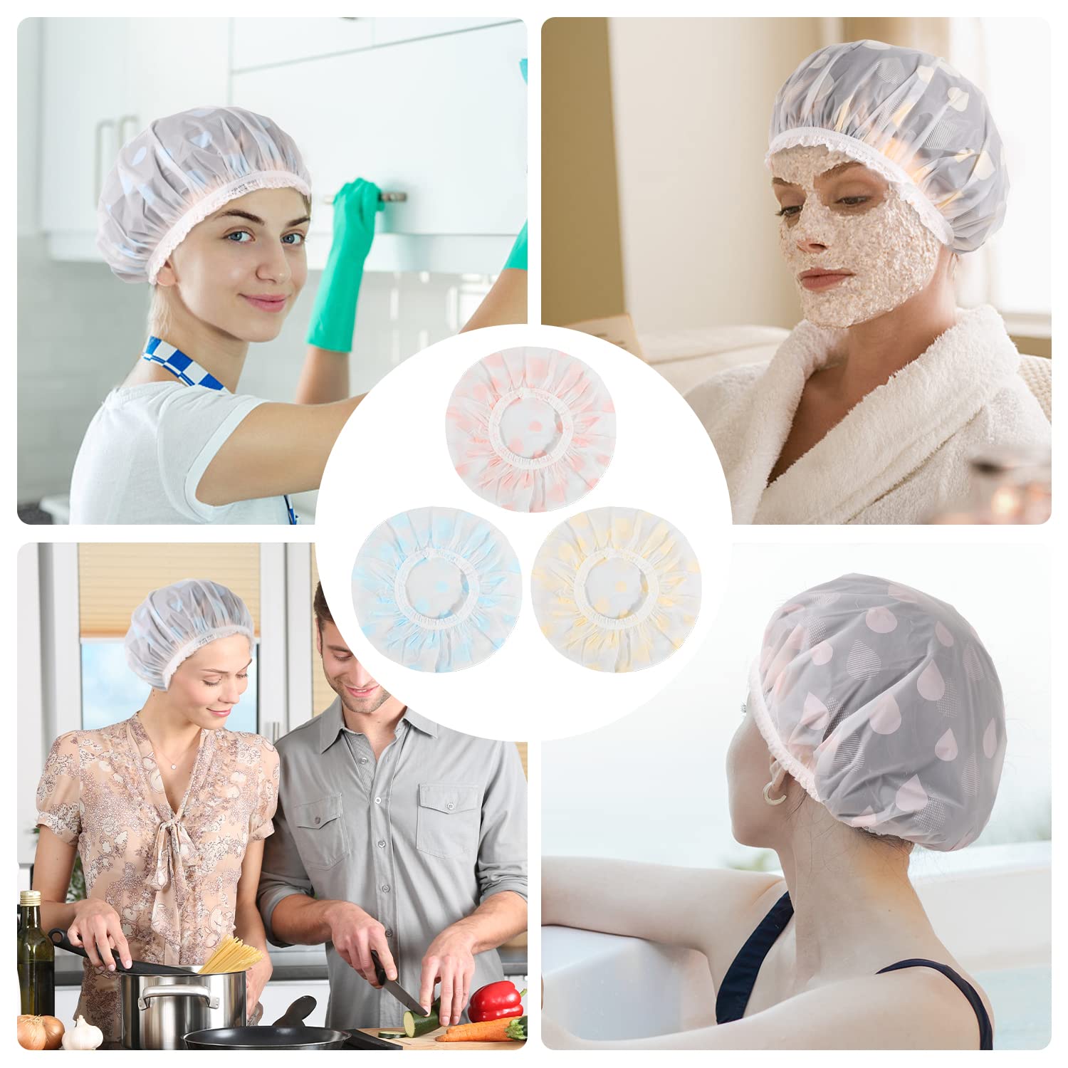 Shower Caps, 3 Pcs Plastic Reusable Shower Caps Elastic Band Bath Caps for Women Ladies Spa Salon