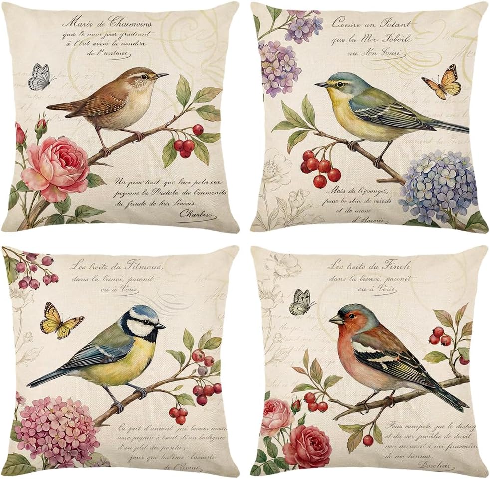 wyooxoo Throw Pillow Covers 18x18 Set of 4 Decorative Spring Pillow Covers Linen Flower Butterfly Farmhouse Pillowcases for Sofa Couch Living Room Outdoor