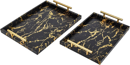 Modern Decorative Tray Set of 2 Ivory Shagreen Leather and Wood Serving Tray with Gold Polished Metal Handles for Ottoman, Coffee Table, Bathroom and More