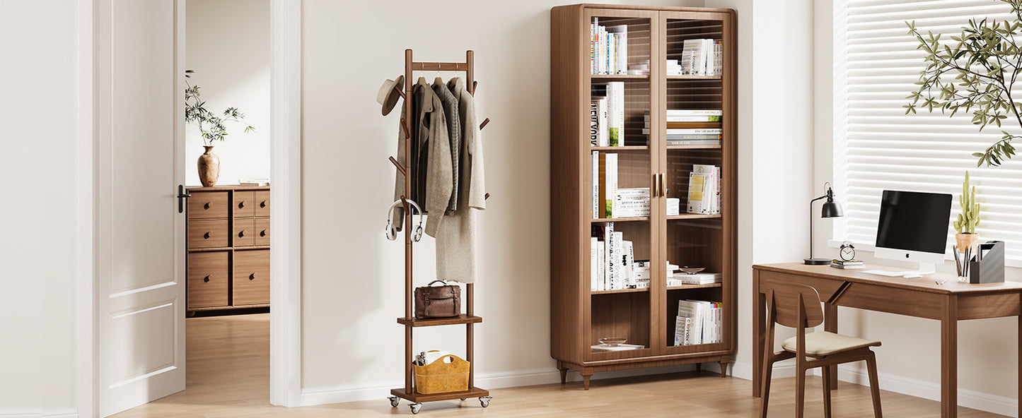 Solid Wood Coat Rack Freestanding - Rolling Clothes Rack with 8 Hooks & Shelves, Small Clothing Rack with Wheels, Heavy Duty Clothing Racks for Hanging Clothes, Portable Hall Tree for Entryway