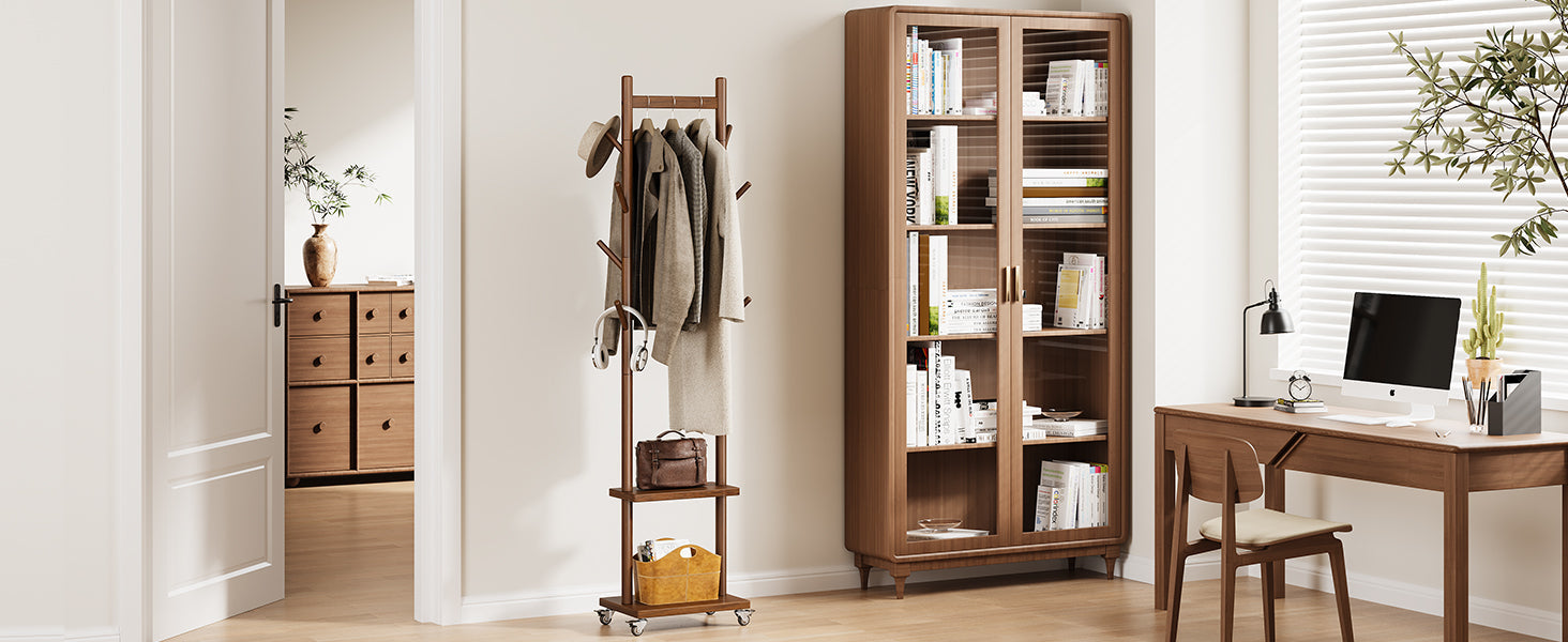 Solid Wood Coat Rack Freestanding - Rolling Clothes Rack with 8 Hooks & Shelves, Small Clothing Rack with Wheels, Heavy Duty Clothing Racks for Hanging Clothes, Portable Hall Tree for Entryway