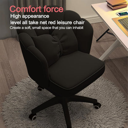 Chair with Bow Cushion Velvet Vanity Chair with Wheels, Upholstered Home Office Chair for Girls Women, Mid-Back Swivel Computer Task Chairs for Living Room Bedroom